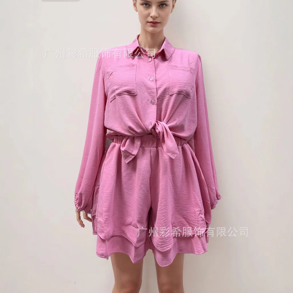 Summer Women's Suit Long-sleeved Shirt Buttoned Cardigan Pocket Loose Casual Street All-match Shorts 2-piece Set for Female