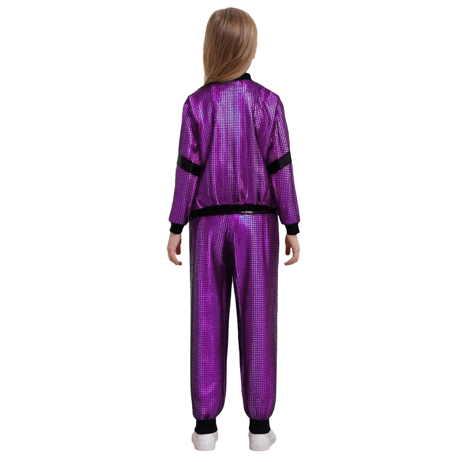 Boys Girls Hip Hop Jazz Street Dance Costume Long Sleeve Metallic Plaid Zipper Jacket with Pants School Show Stage Dancewear