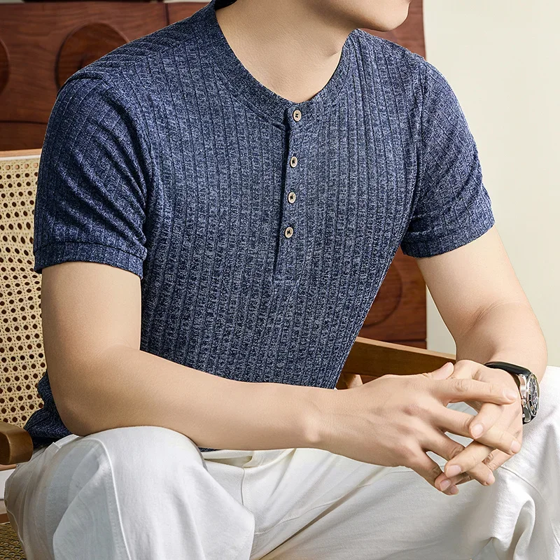 All Season Basic Male Short Sleeve Henley Top Marled Textile Cloth Home Rest Daily Commute And Urban Leisure Garment