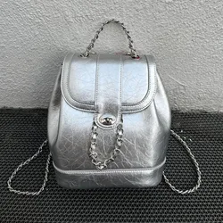 Emily & Di-mochila con cadena de cuero italiano para mujer, bolso de cubo de cuero de vaca con cera de aceite de viento universitario Retro, mochila de moda