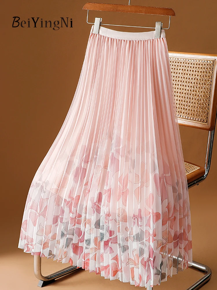 

Beiyingni Floral Printed Casual Pleated Mesh Midi Skirts for Woman 2024 Spring Summer Retro Preppy Kpop Cute Tulle Skirt Female