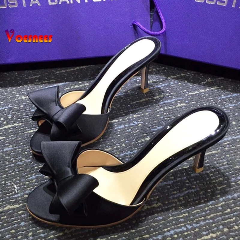 Sweet Mule Women Slippe Silk Butterfly Knot Mules Slip-on Kitten Heels Slippers Satin Dress Causal Outdoor Sandals Shoes femme