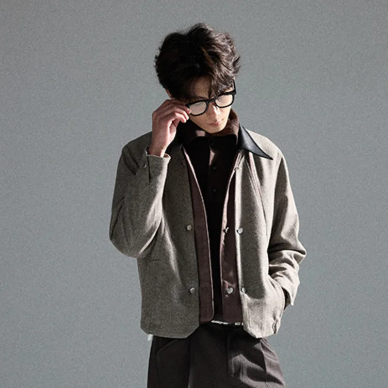 WVGA Spring Autumn New Men's Wool Fake Two Piece Multi-Shape Herringbone Trendy Jacket Niche Casual Turn-Down Collar Coat W25773