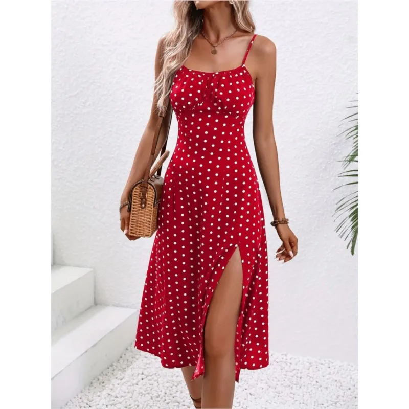 

2024 Summer Sexy Spaghetti Straps Dress Women Fashion Polka Dot Print Sleeveless Slit Dress Boho Casual Beach Midi Dresses