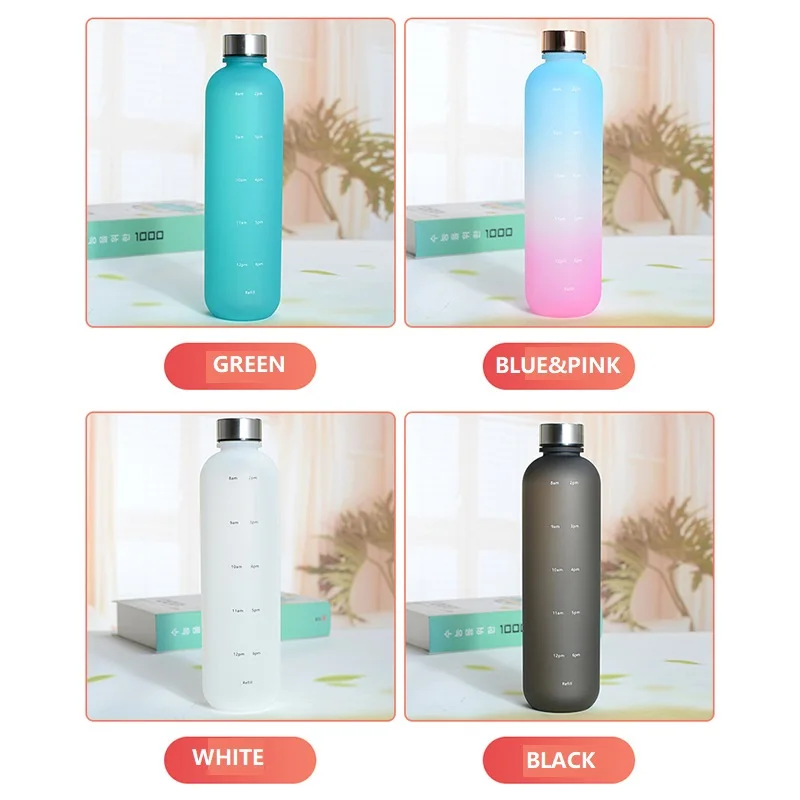 1L Water Bottle With Time Marker 32 OZ Motivational Reusable Fitness Sports Outdoors Travel Leakproof BPA Free Frosted Plastic