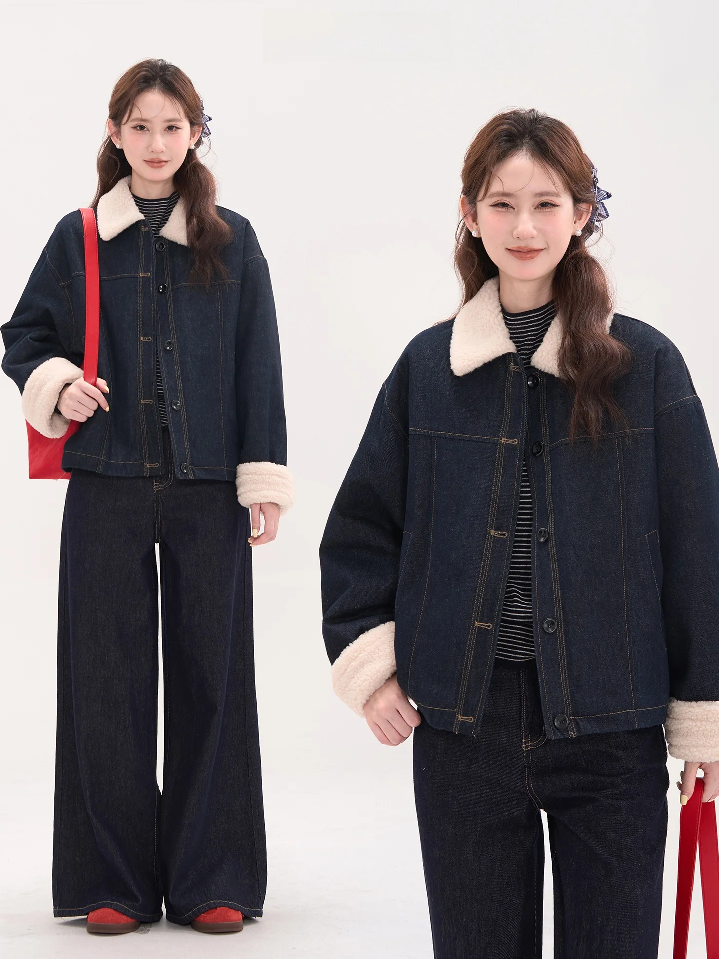 

Теплое джинсовое пальто из искусственного меха ягненка, женское зимнее пальто, повседневное свободное пальто из смеси хлопка, длинное свекру или с застежкой на пуговицы