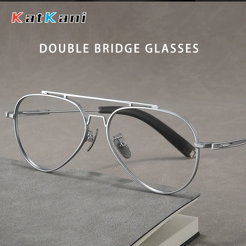 KatKani Fashion Retro Pilot Double Bridge Glasses Ultra Light Pure Titanium Eyewear Optical Prescription Glasses Frame   LSA10-1