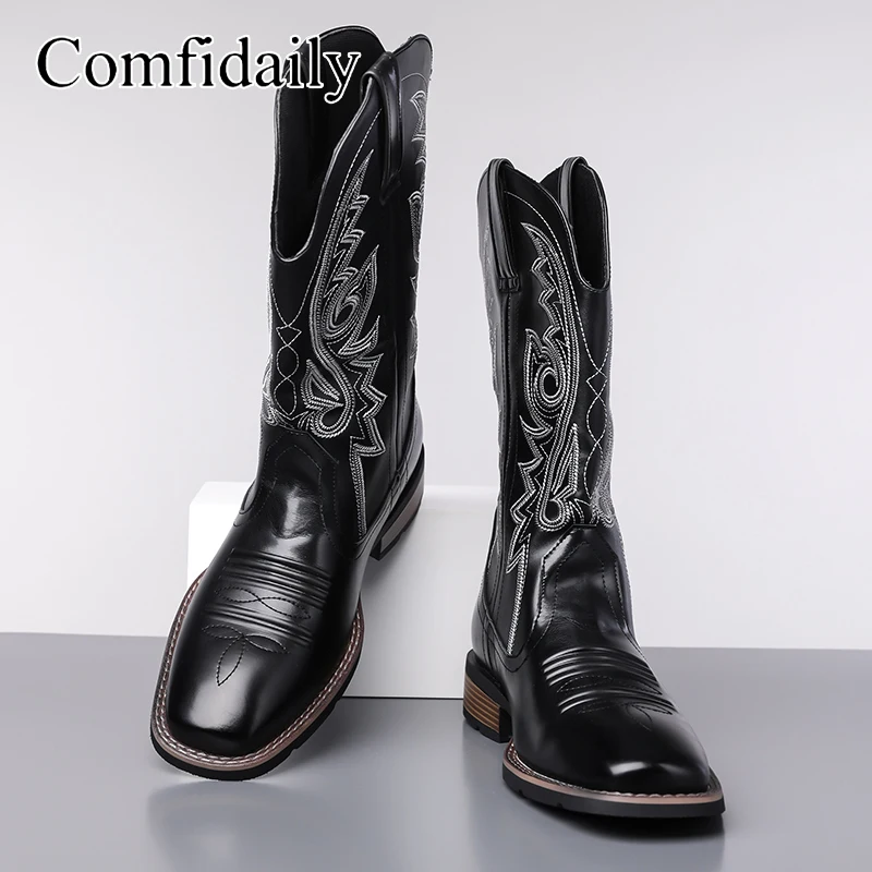 عالية الجودة الأوروبية الأمريكية الرجعية الخريف الشتاء أحذية رعاة البقر الغربية الخامس الرقبة التطريز كعب سميك أحذية فارس المألوف #6