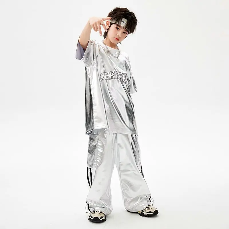 Meninos prata hip hop camiseta meninas dança de rua k-pop calças de carga conjunto de roupas de couro do plutônio criança brilhante streetwear crianças jazz traje