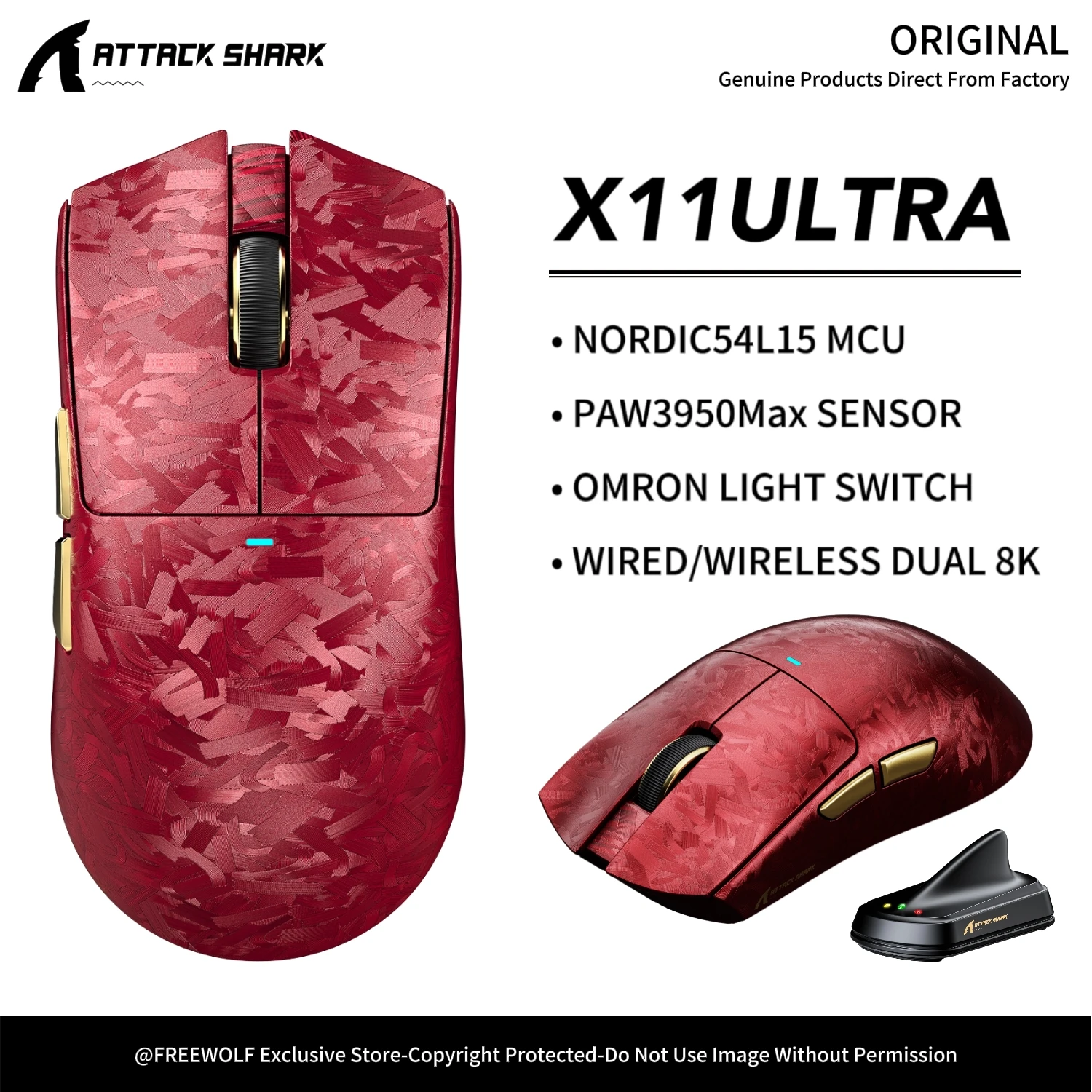 X11Ultra Bluetooth Wireless Gaming Mouse-8K Shark Receiver,Attack Shark PAW3950Max Sensor,42000 DPI,Carbon Fiber Mouse Texture