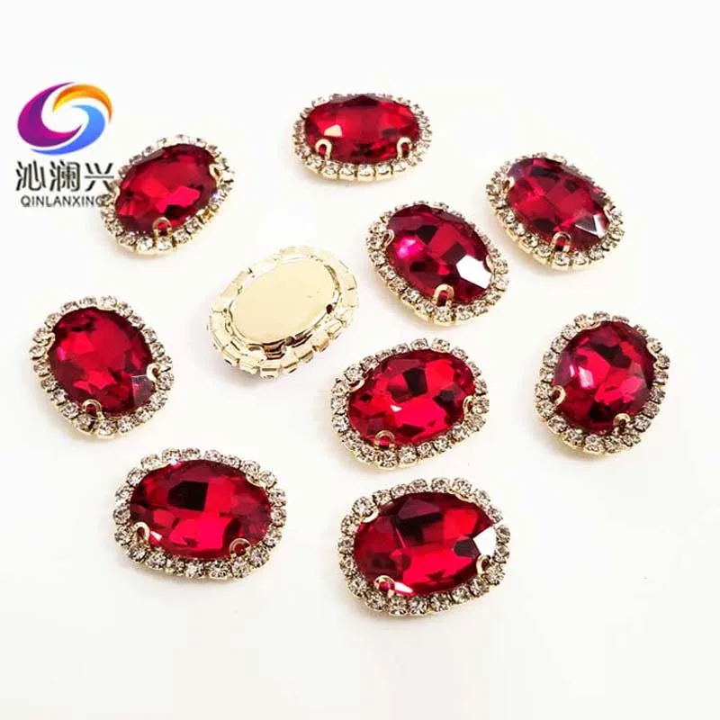 Golden Bottom Red Color Glass Crystal Rhinestones, Oval Shape Buckle, Used for Needlework, Diy/Clothing/Sewing Accessories