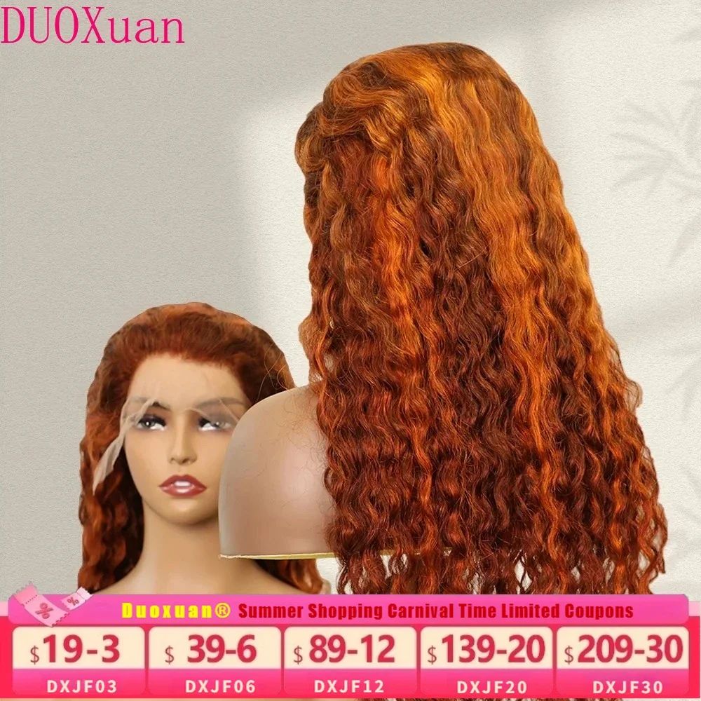 

DUOXuan Highlight Wig Ombre Orange Ginger Water Wave 34 Inch 13x6 HD Lace Frontal Wigs Brazilian Long with Baby Hair No Glue