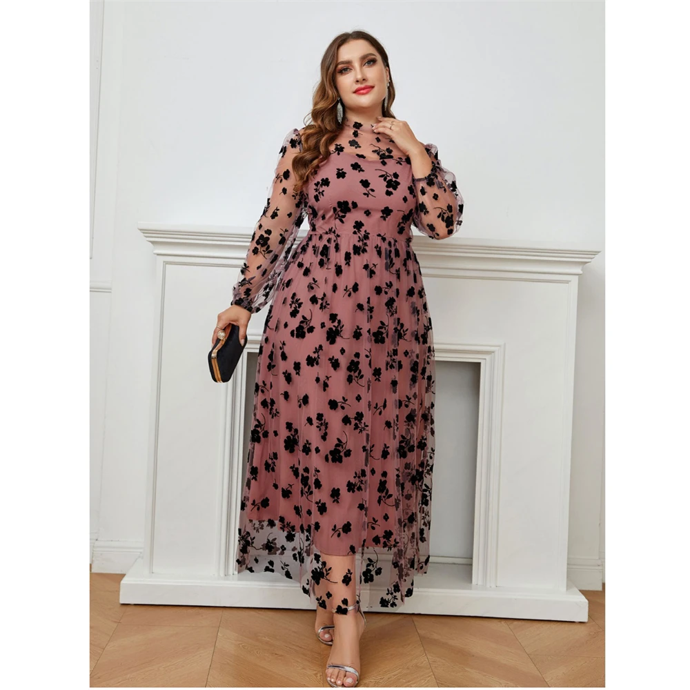 Women Plus Size Midi Dresses Long Sleeve Mesh Dress Luxury Designer Long Large Chic Elegant Turkish Evening Party Robe Clothing