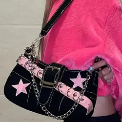 Y2k Fashion Spicy Girls Stars Decor Small Shoulder Bags Stylish Female Denim Chain Underarm Bags 2024 Trendy Women's Handbags