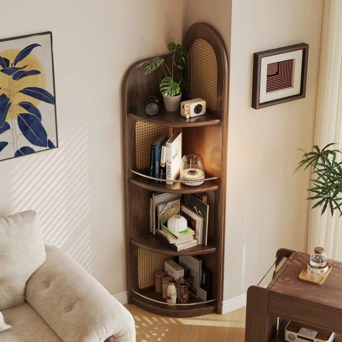 Solid wood corner cabinet, living room rattan corner rack ash wood multi-layer corner storage cabinet