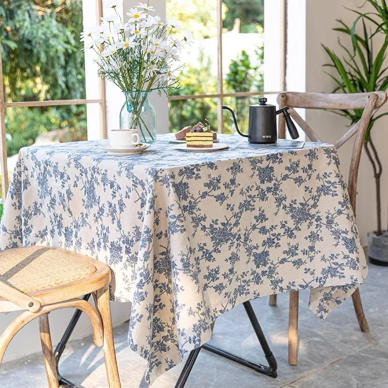 French tablecloths retro rural blue rose cotton linen dining table fabric tablecloth tea table cover fabric picnic cloth