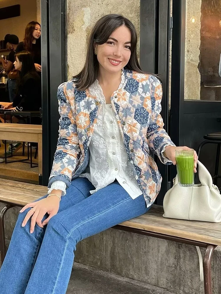 Floral Women Quilting Cute Jackets 2024 Fashion Ladies Vintage O Neck Jacket for Female Festival Sweet Outfits Chic Clothes