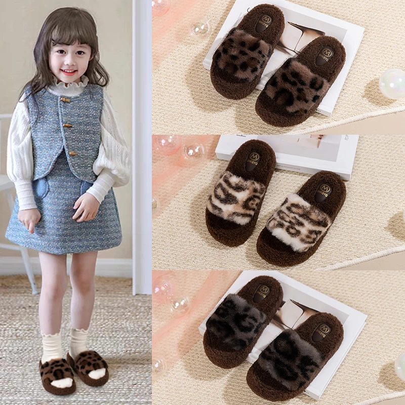 

Children's Slippers Girls Open Toe Plush Fur Shoes Kids Soild Warm Indoor Non Slip Rubber BottomMulti-style Cotton Slipper