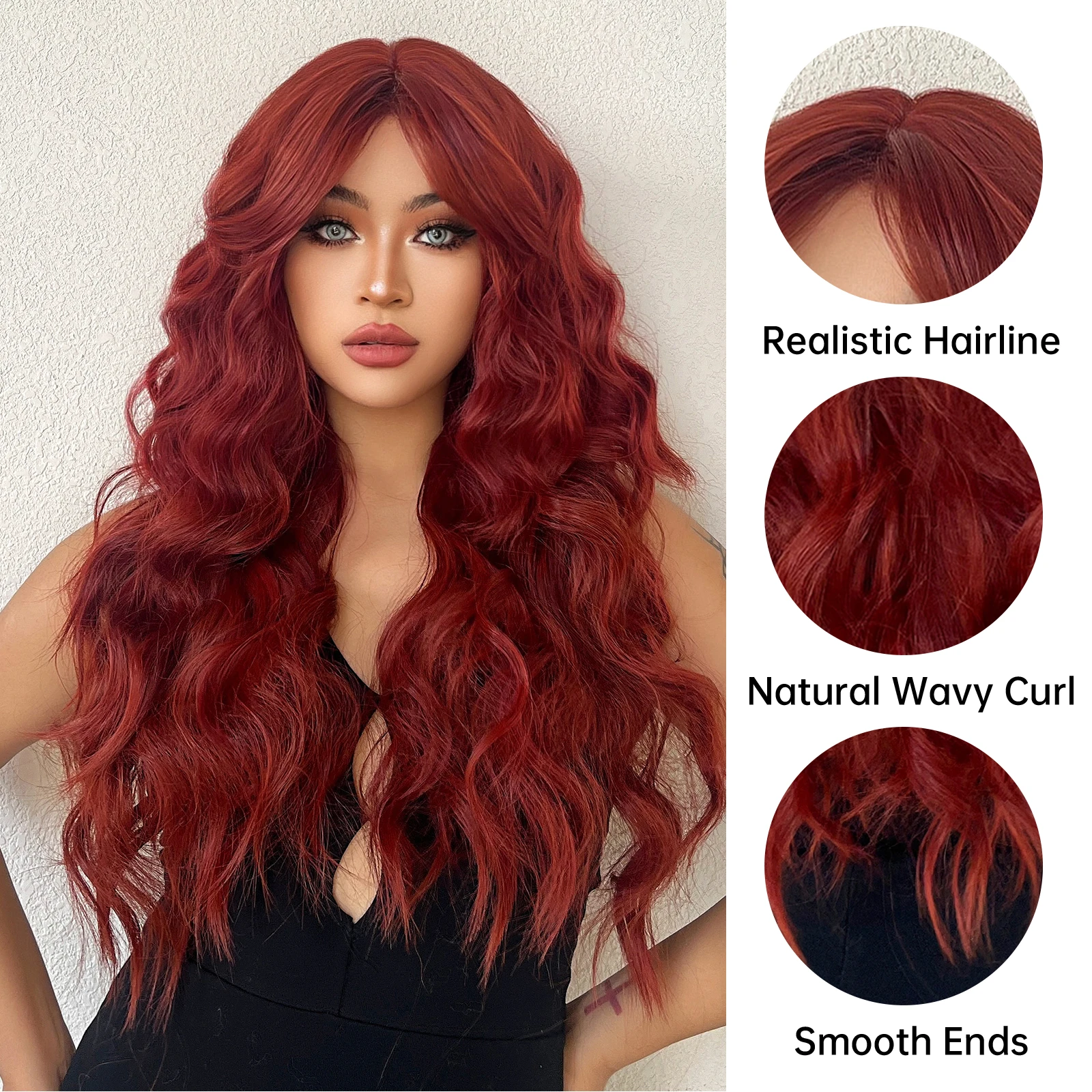 Long Curly Synthetic Wigs Wine Burgundy Hair with Bangs Water Wave Wig for Women Heat Resistant Body Wave Wig Full Hair Cosplay