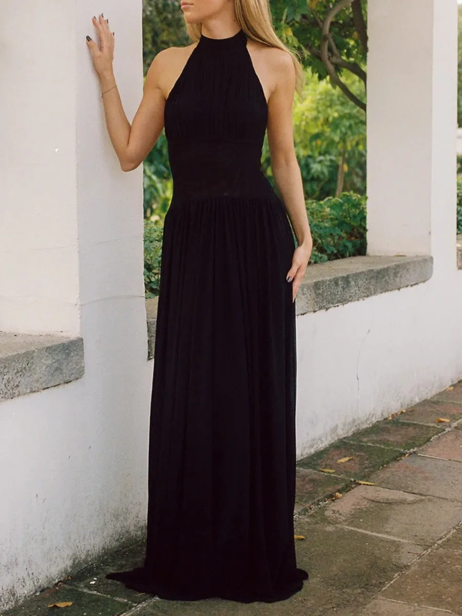 TWOTWINSTYLE minceur épissé froncé robes minimalistes pour les femmes licou sans manches dos nu pure tunique longue robe femme nouveau