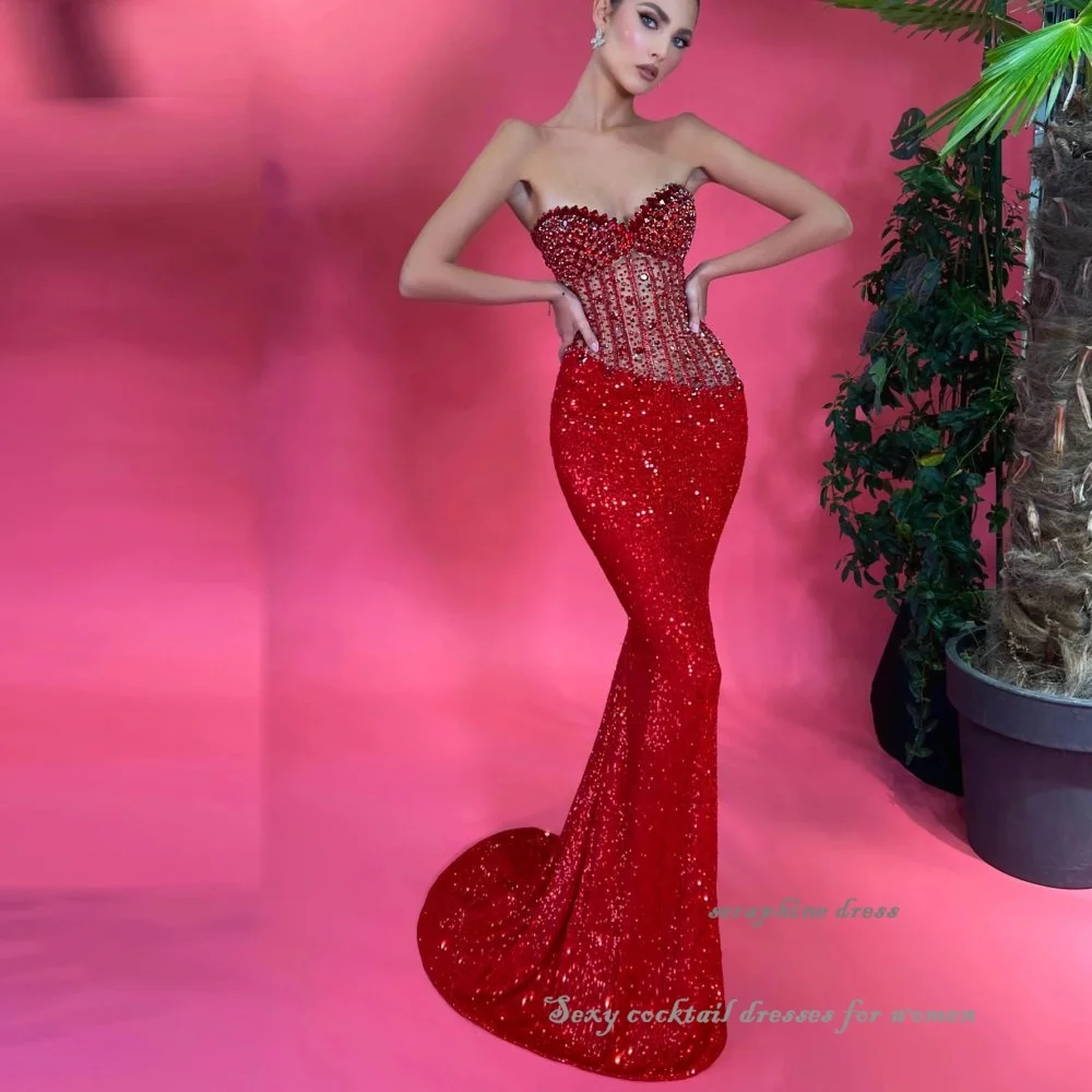 Luxuriöse Abendkleider für Frauen, Spitze, Pailletten, Meerjungfrau, Abendkleid, Korsett im Inneren, trägerloses Mieder, formelle Cocktailparty-Kleider