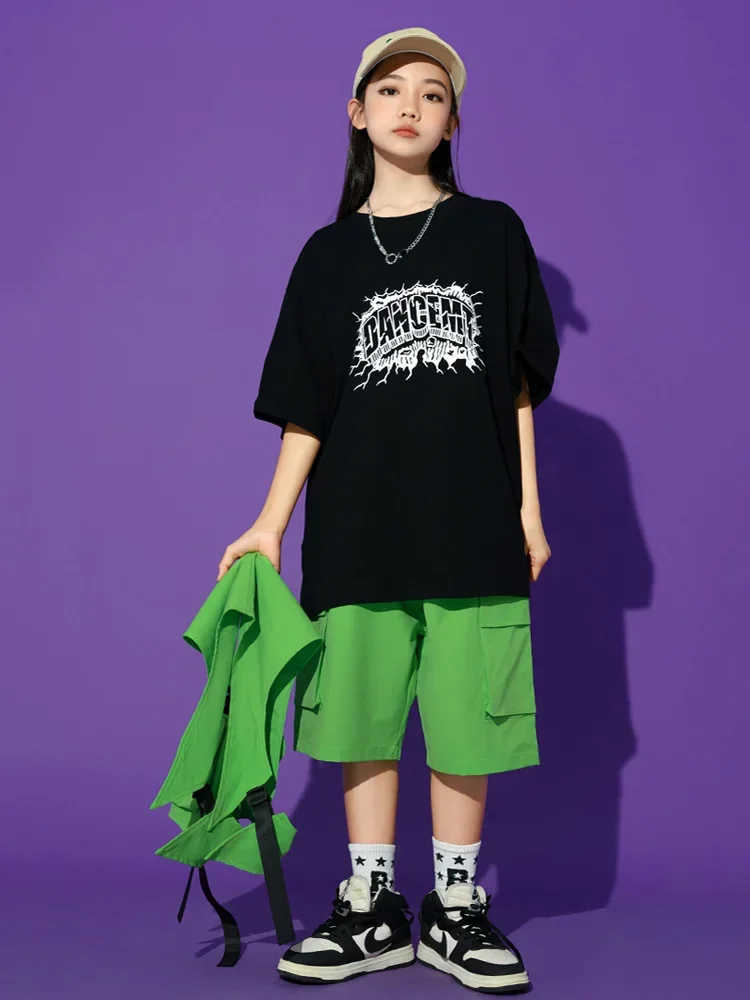 Kinder Hip Hop Sets Schwarzes T-shirt Grüne Weste Shorts für Jungen Mädchen K-pop Street Dance Kleidung Jazz Kostüm Kinder streetwear