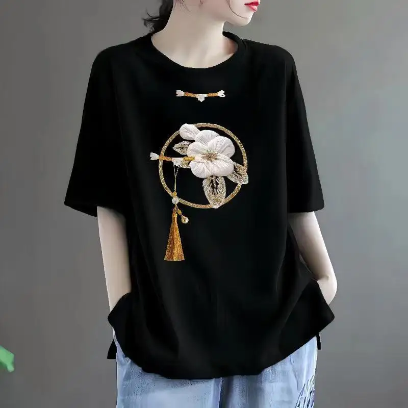 

Chinese Style Short-sleeved T-shirt Printed with Versatile Loose Belly-covering and Slimming Large-size Top