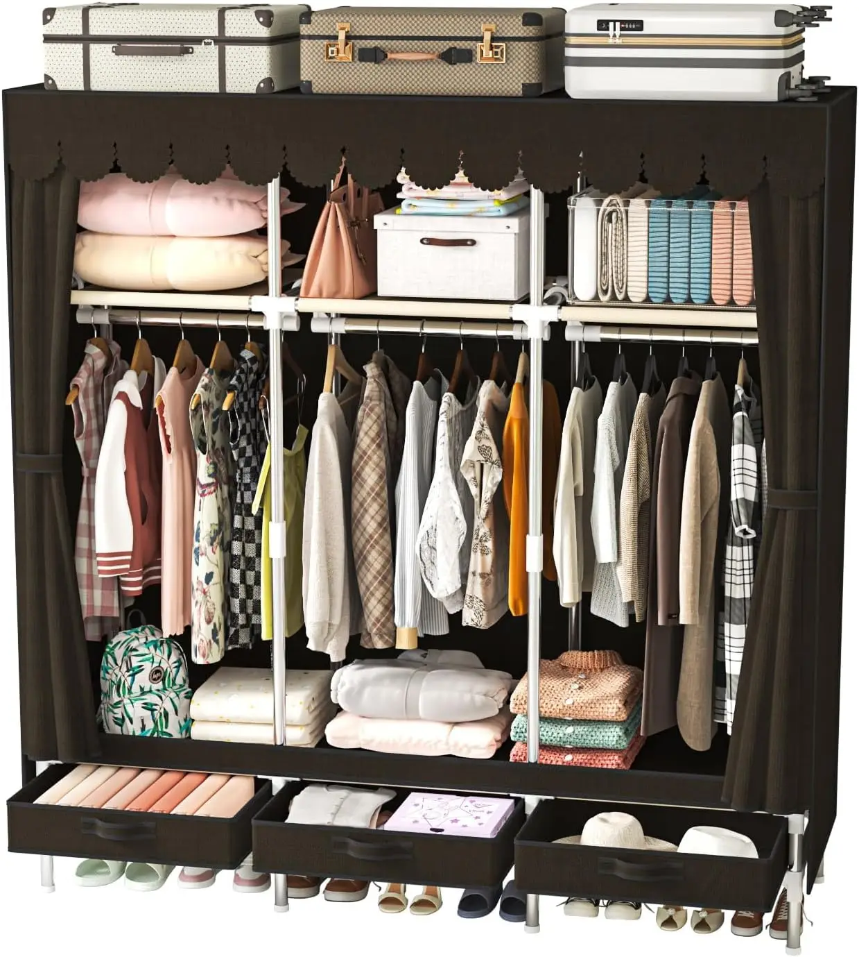 

Portable Amories Closet Wardrobe with Non Woven Fabric Cover,59 Inch Large Metal Clothes Rack Storage Closet with 3 Hanging R