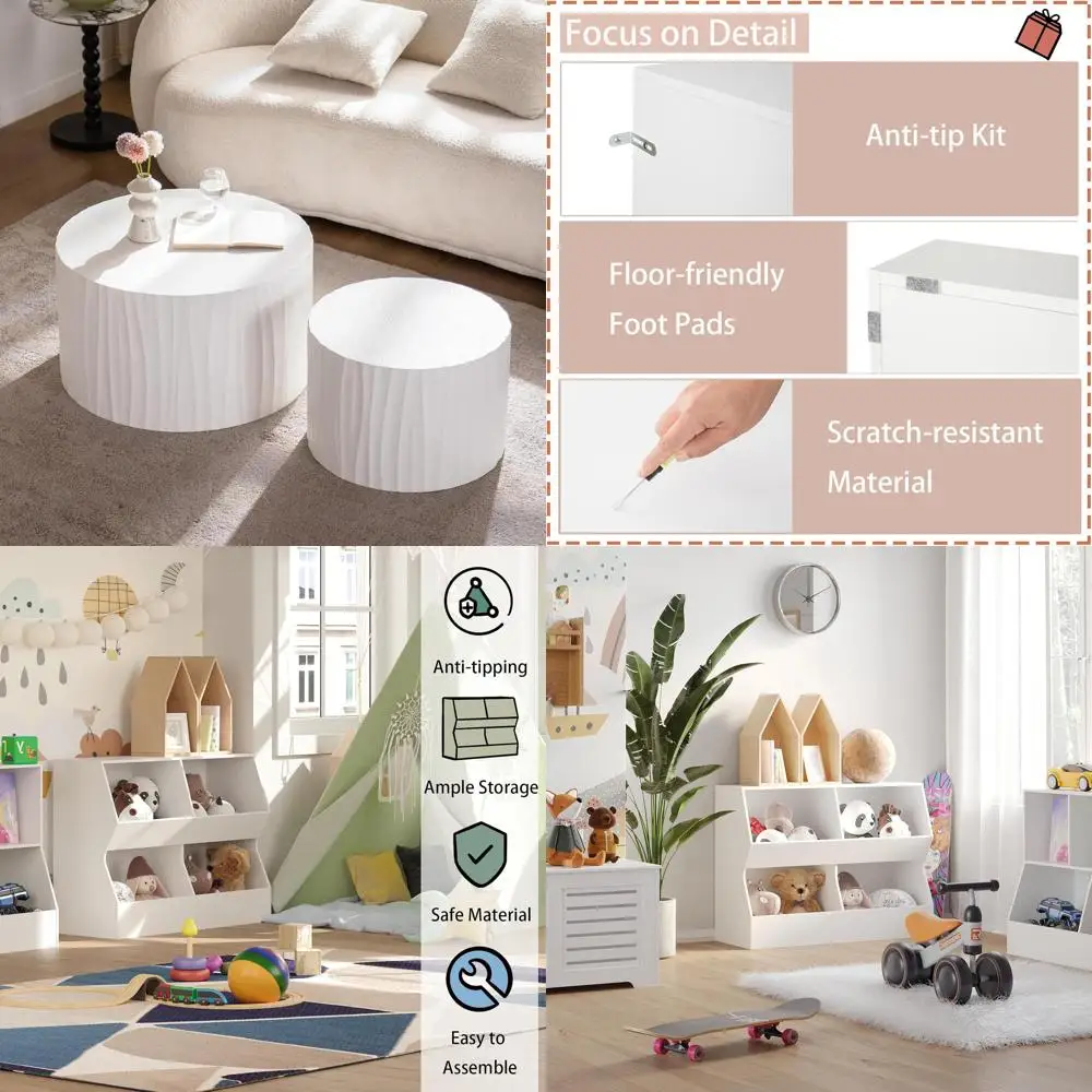 Modern White Wood Circle Coffee Table Set of 2, No Assembly Required, for Living Room Use