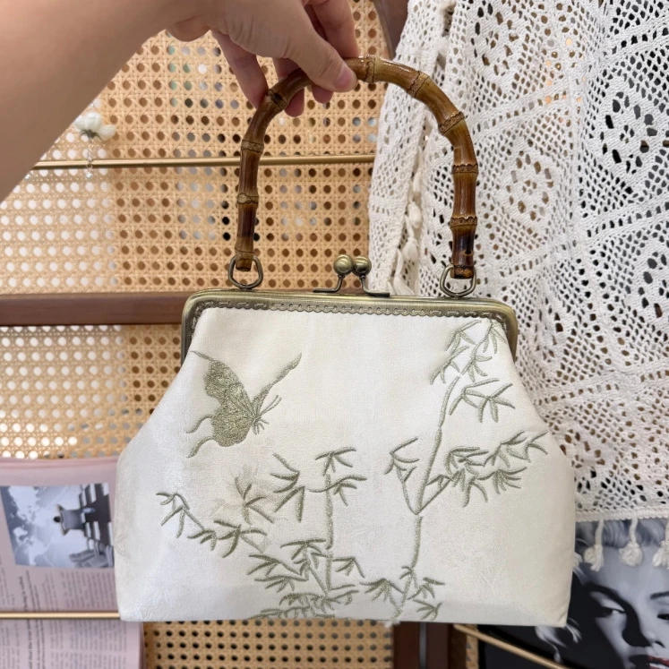 

Женская винтажная вышивка, китайская стильная сумка на плечо Kisslock, женская сумка среднего размера, винтажная ретро-шикарная дизайнерская бамбуковая сумка