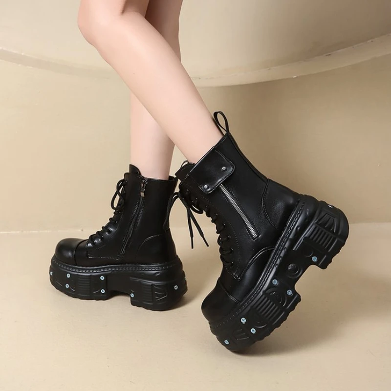 

Leather Heightened 10cm Thick-soled Women's High-top British Style 2025 New Trendy Women's Boots Ruffian Handsome
