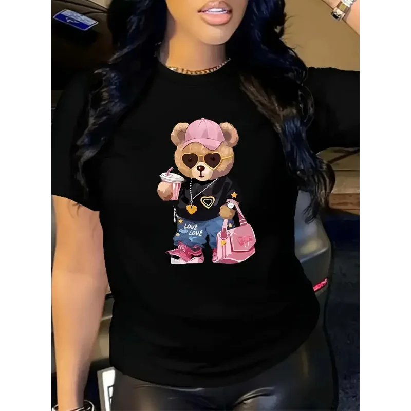 

Cotton 100% Women's Short-sleeved Teddy Bear Printed Round-neck Short-sleeved T-shirt Top Graphic T Shirts Aesthetic Clothes