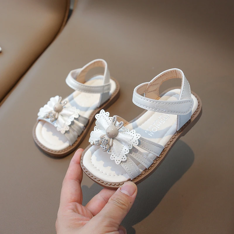 2024 Summer New Sandals Little Rabbit Doll Sandals Girl's Water Diamond Princess Shoes Open Toe Beach Shoes 1188