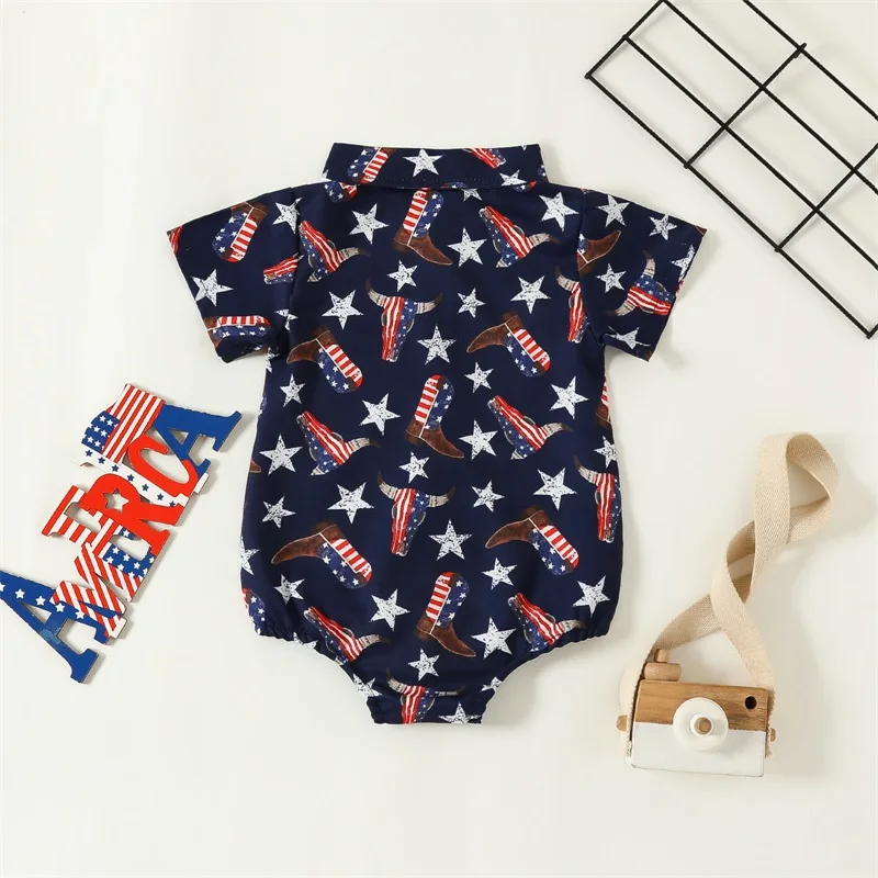 Newborn Baby Boy 4th Of July Outfit Infant Independence Day Short Sleeve Button Down Lapel Collar Stars Romper