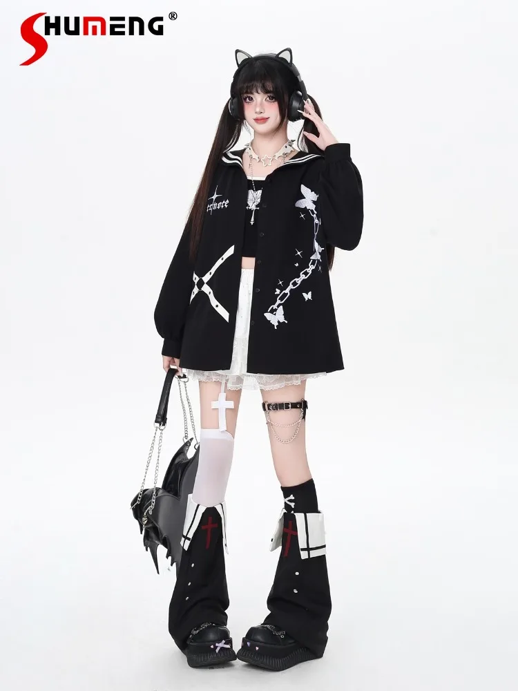 

Fashion Sweet Cool Subculture Embroidery Print Butterfly Lace-up Navy Collar Long Sleeve Loose Versatile Shirt Tops Women Autumn