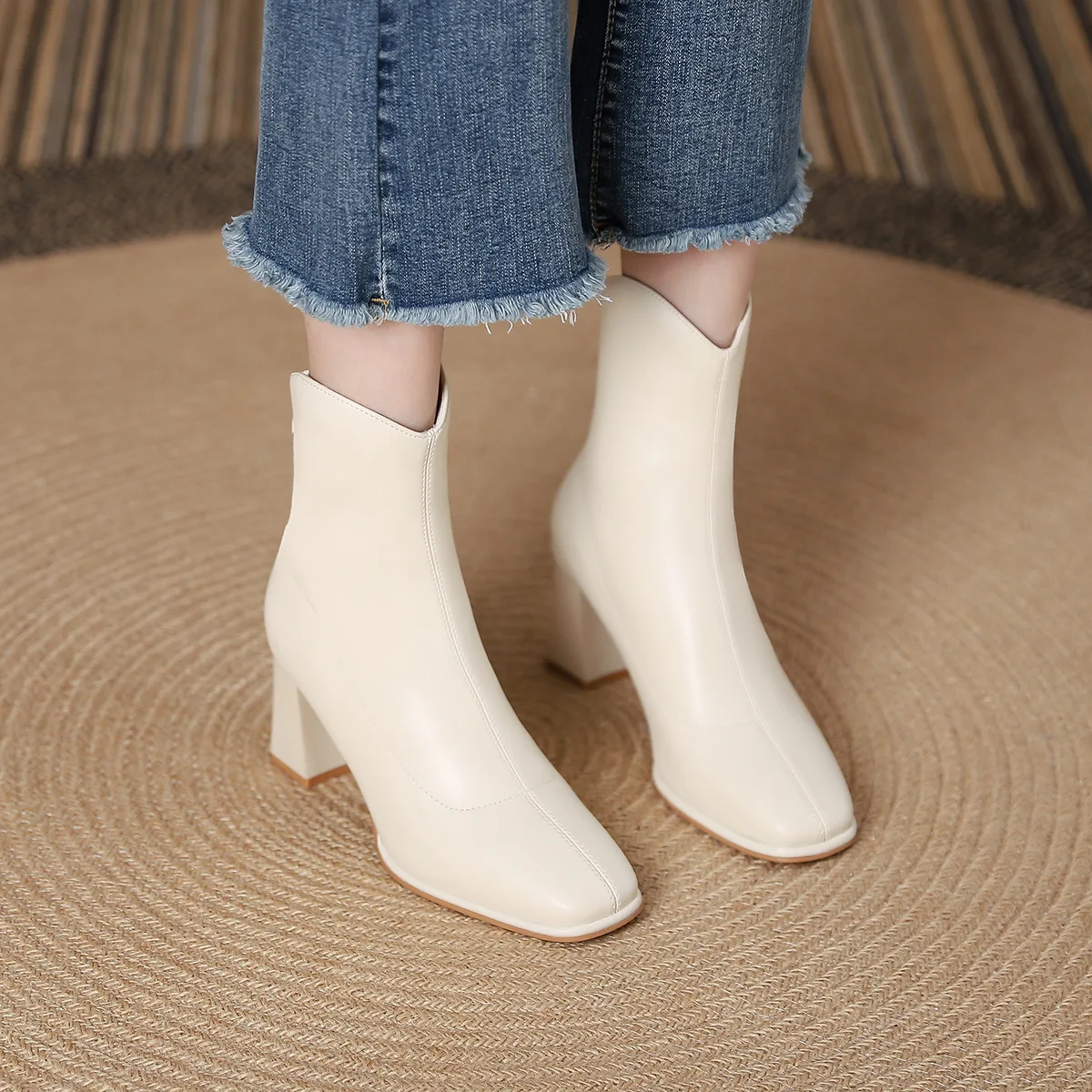 

New Square Toed High-heeled Mid Heeled Autumn Winter Style Versatile Short Boots Thick Heels Slim Boots Women Pumps Ladies Shoes