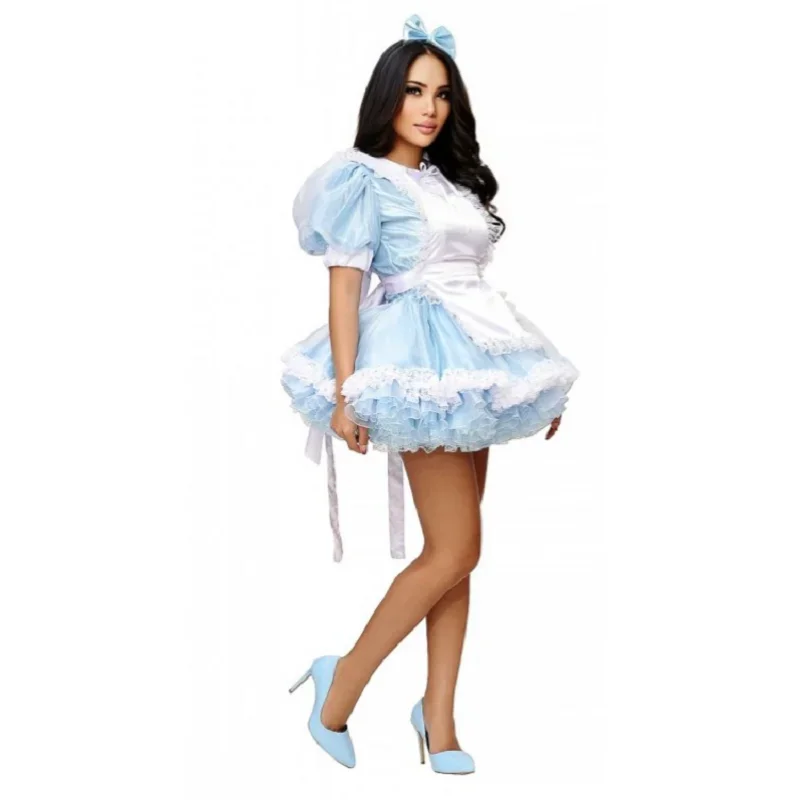 

Hot selling sky blue and white stitched Maid Dress Lace Bow Dress Cosplay custom