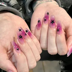 Uñas postizas reutilizables para mujer, uñas postizas de bailarina, 24 piezas, diseño de estrellas, ataúd largo, púrpura, Y2K