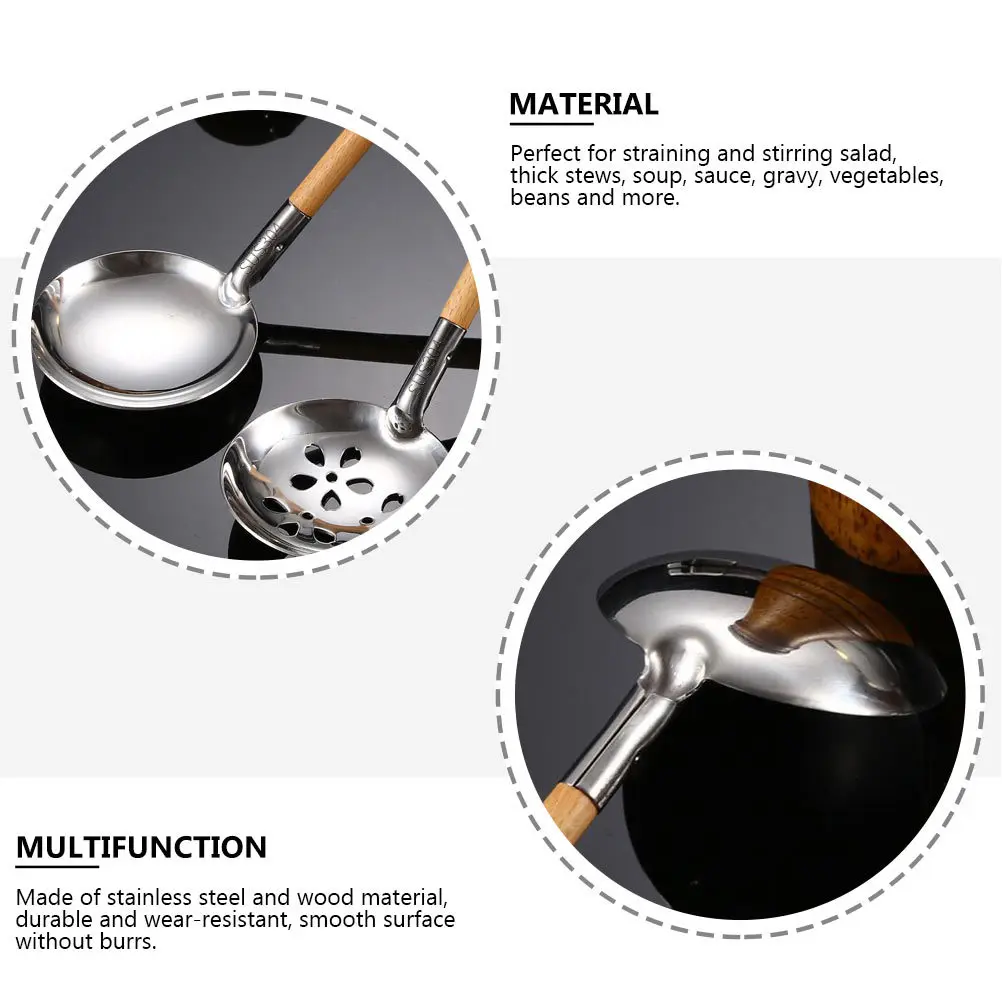 

2Pcs 304 Stainless Steel Soup Ladle Slotted Straining Spoon Wooden Handle Kitchen Hotpot Porridge Skimmer Strainer Spoon