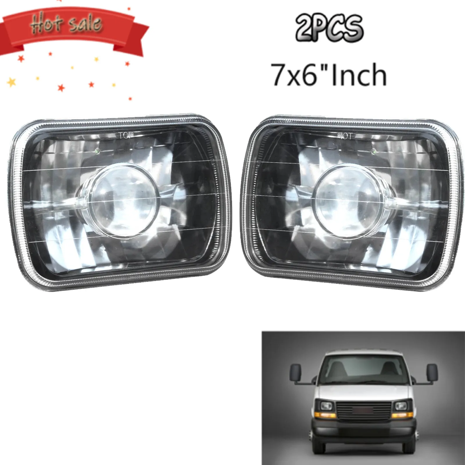 

7x6" Inch Square Diamond Cut Crystal Chrome Clear Lens Headlights Replacement