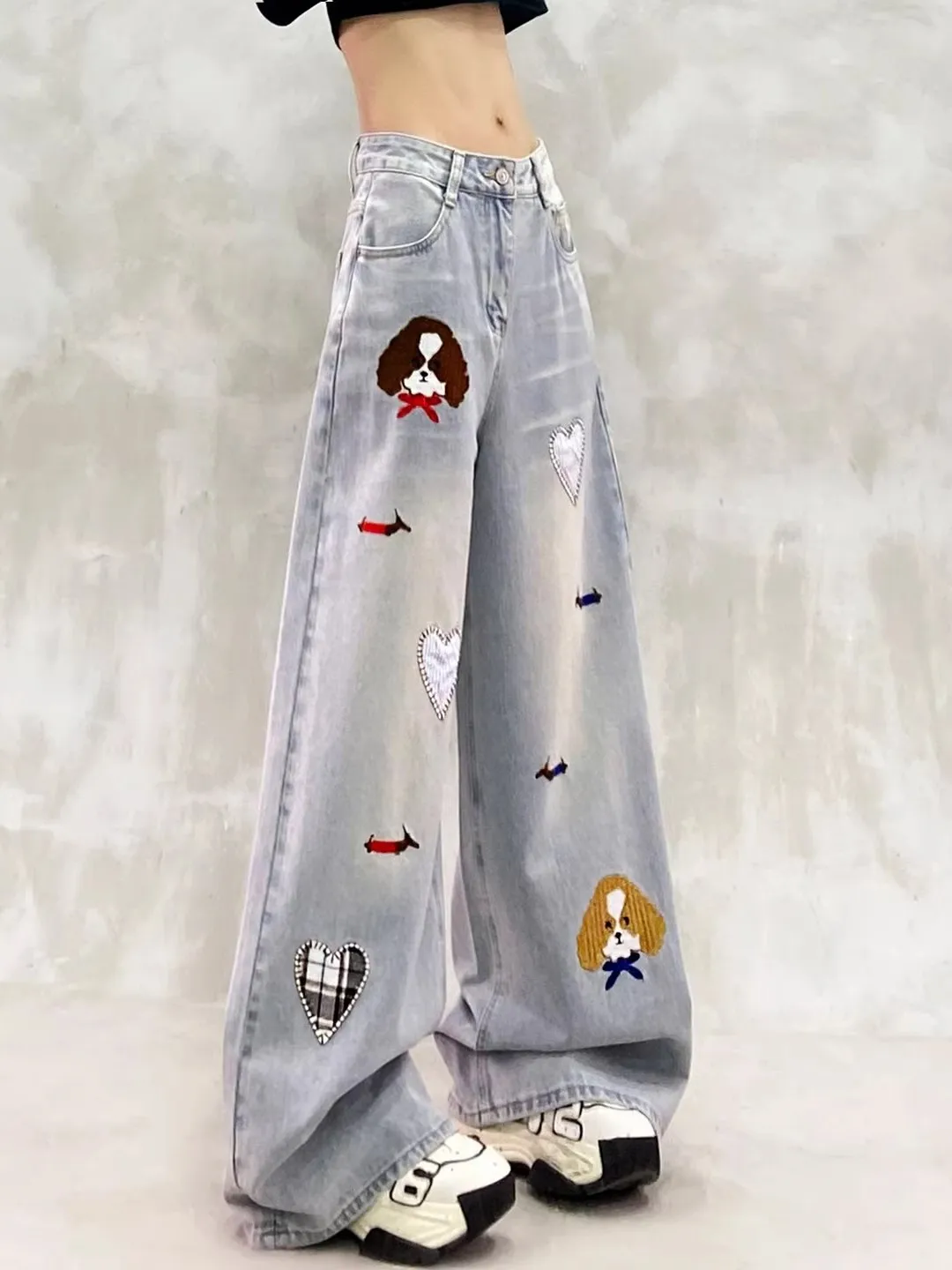 

Retro Waed Embroidered Casual High Waist Wide Leg Jeans Women's Spring New Sle Loose Fit Trousers for Young Adults