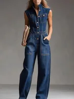 Yeezzi Women's Sleeveless Denim Jumpsuits 2026 New Fashion Contrast Stitching High Waist Wide Leg Buttons Pockets Cargo Jumpsuit