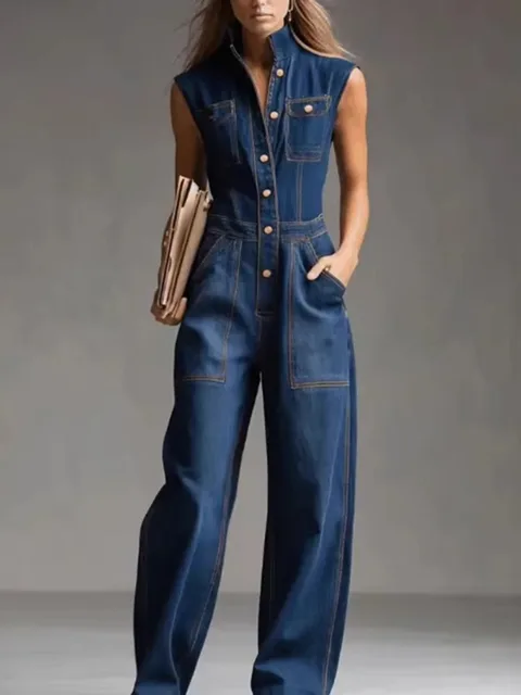 Yeezzi Women's Sleeveless Denim Jumpsuits 2026 New Fashion Contrast Stitching High Waist Wide Leg Buttons Pockets Cargo Jumpsuit