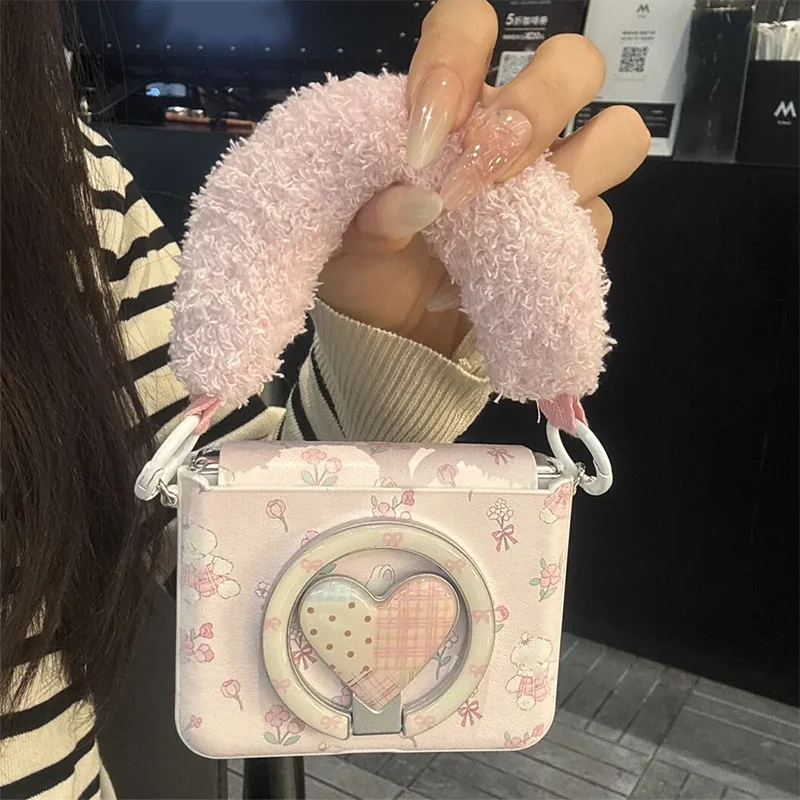 Magnetic Heart Stand Leather Phone Case with Plush Wrist Strap For Samsung Galaxy Z Flip7 Z Flip6 Z Flip5 Cute Pink Floral Cover