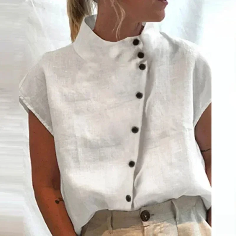 

Solid Cotton Linen Hollow Out Tops Women Summer Turtleneck Breathable Office Shirt Pullover Casual Loose Short Sleeve Blouses