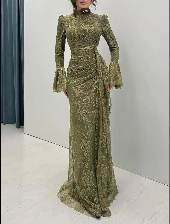 Customized Olive Green Lace Wedding Guest Gown High Collar Flare Sleeve Evening Dress Pleat Soft Long Formal Outfit