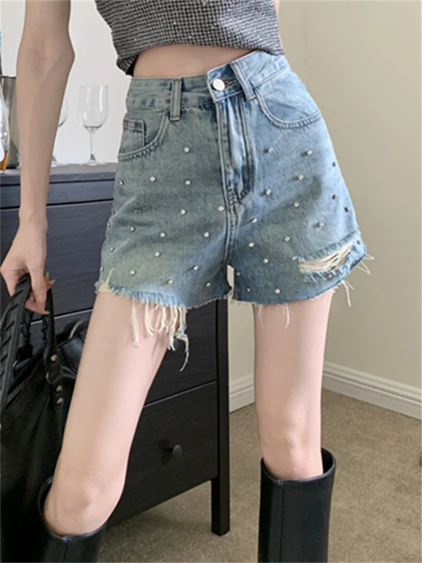 

PLAMTEE Hole Sexy Jeans Shorts Women OL Beading Chic Summer Prom New Arrival Stylish 2023 Daily Casual Wide Leg Denim Slim