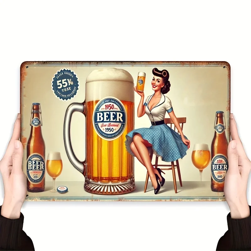 Letrero de pared vintage con diseño de cerveza - Póster metálico retro con temática alegre para decoración de cocina, bar, man cave, garaje u oficina, K