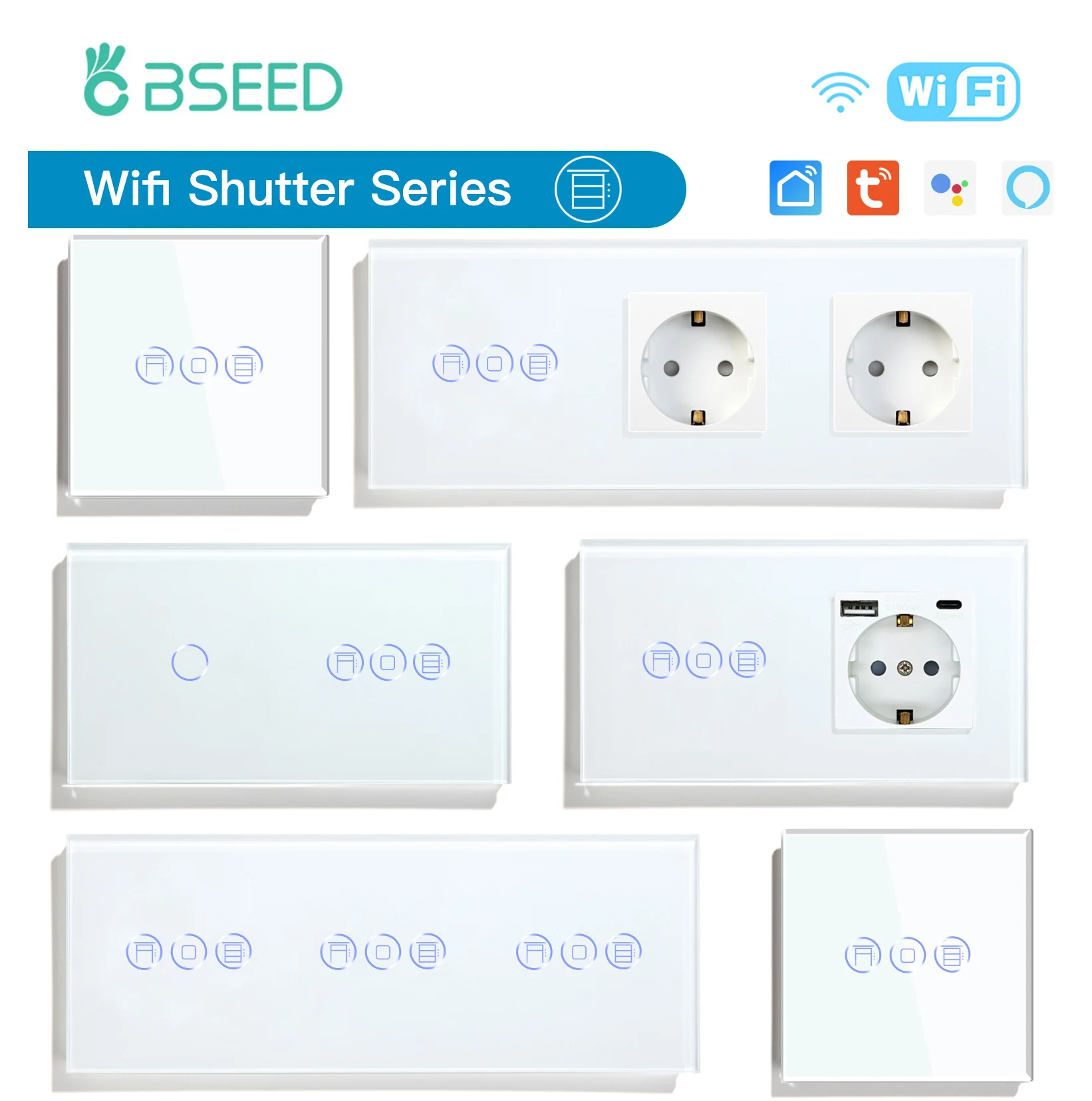 BSEED Wifi Shutter Switches APP Control Led Smart Blind Series White Glass Panel Support Tuya Google Smart Life Roller Shutter