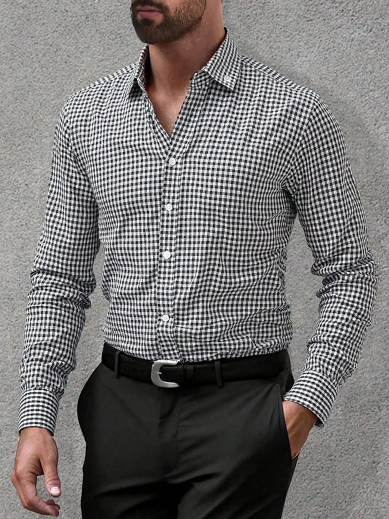 

Men's Black & White Gingham Check Long Sleeve Casual Shirt, Slim Fit for Spring Autumn